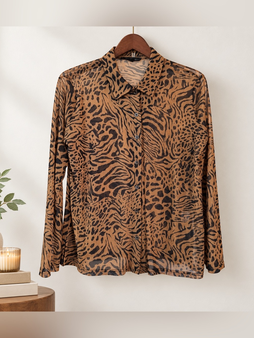 Vintage Y2K Sheer Mesh Animal Print Button Front Shirt L